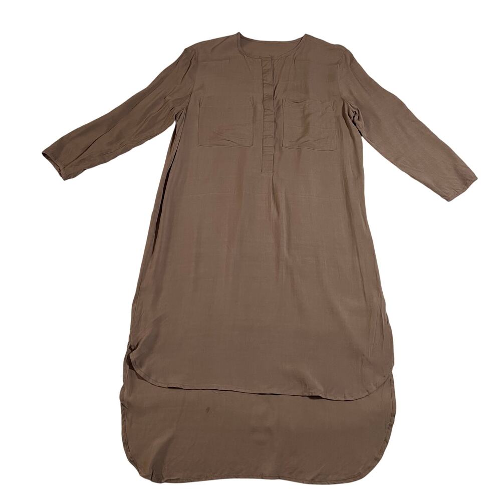 Women's Round Neck Quarter Button Up Mini Shirt Dress Size S Boho Hi Low Hem